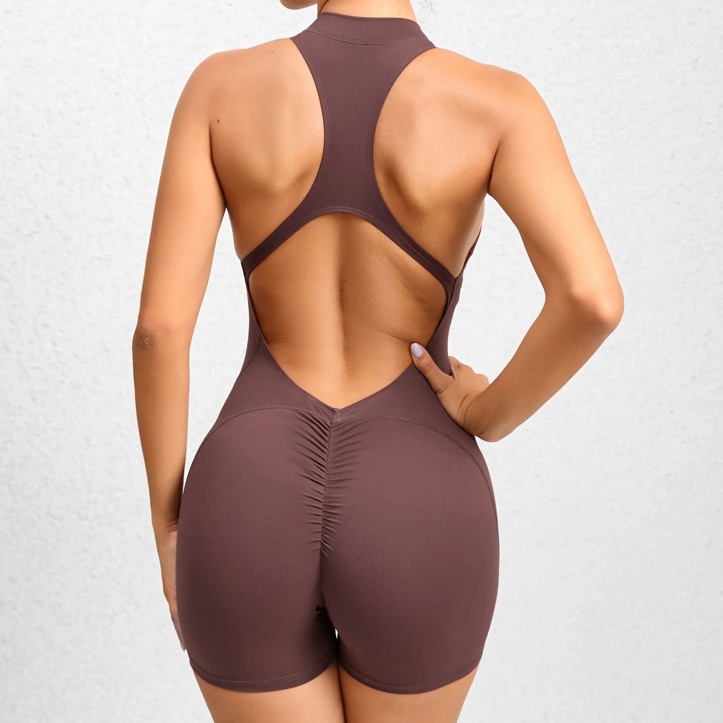 New V Cut Zip Up Rompers Scrunch Butt Yoga Sets Racerback Jumpsuit for Women Fitness Gym Clothing Workout Open Back Sports Suit