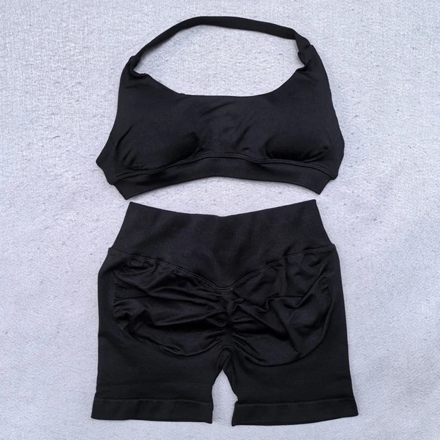 Shorts Set 2 Pieces Seamless Yoga Set Workout Tracksuit Women Halter Sport Bra And Low Waist Scrunch Bum Gym Shorts Suits