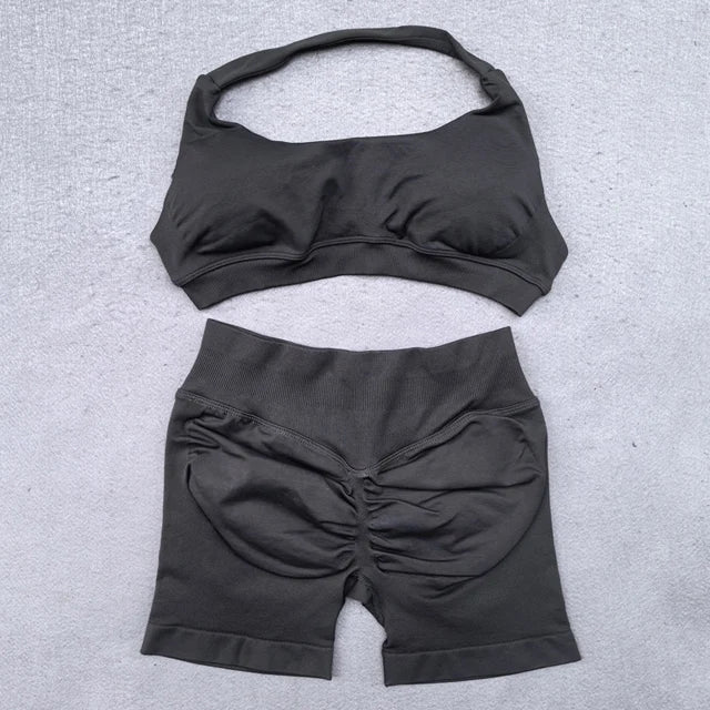 Shorts Set 2 Pieces Seamless Yoga Set Workout Tracksuit Women Halter Sport Bra And Low Waist Scrunch Bum Gym Shorts Suits