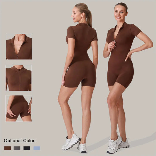 Yoga Jumpsuit Summer Short Sleeve Zipper Sports Wear Gym Fitness Sports Bodysuits Women Running Workout Clothes Yoga Suit