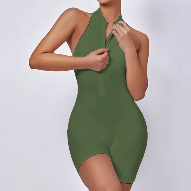 New V Cut Zip Up Rompers Scrunch Butt Yoga Sets Racerback Jumpsuit for Women Fitness Gym Clothing Workout Open Back Sports Suit