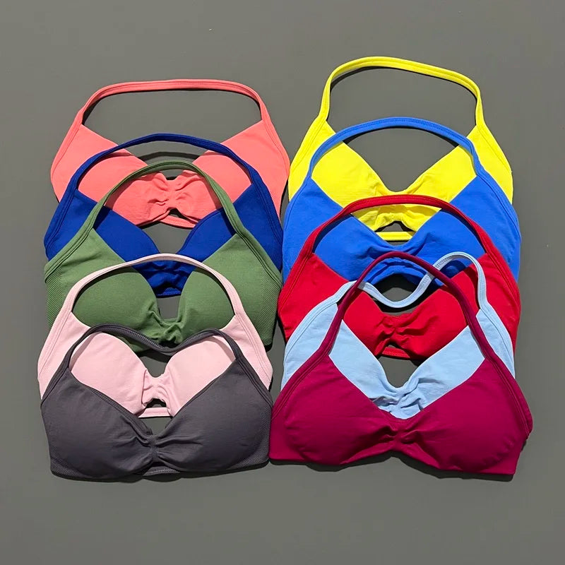 Impact Strappy Bra Seamless Women's Sports Bra for Yoga Gym Running Breathable High Stretch Backless Design Workout Top