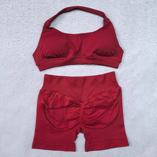 Shorts Set 2 Pieces Seamless Yoga Set Workout Tracksuit Women Halter Sport Bra And Low Waist Scrunch Bum Gym Shorts Suits