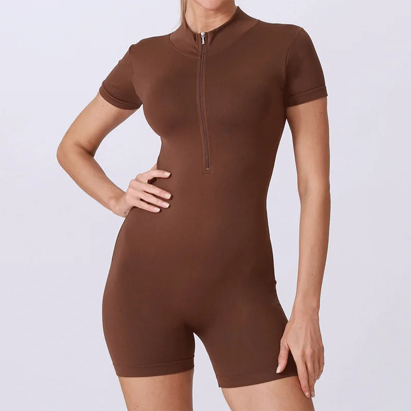 Yoga Jumpsuit Summer Short Sleeve Zipper Sports Wear Gym Fitness Sports Bodysuits Women Running Workout Clothes Yoga Suit