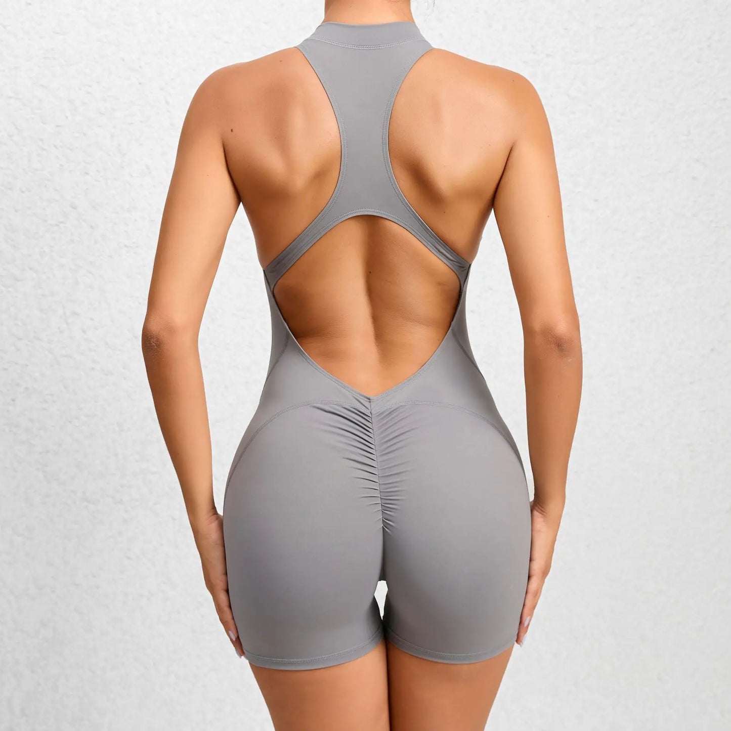 New V Cut Zip Up Rompers Scrunch Butt Yoga Sets Racerback Jumpsuit for Women Fitness Gym Clothing Workout Open Back Sports Suit