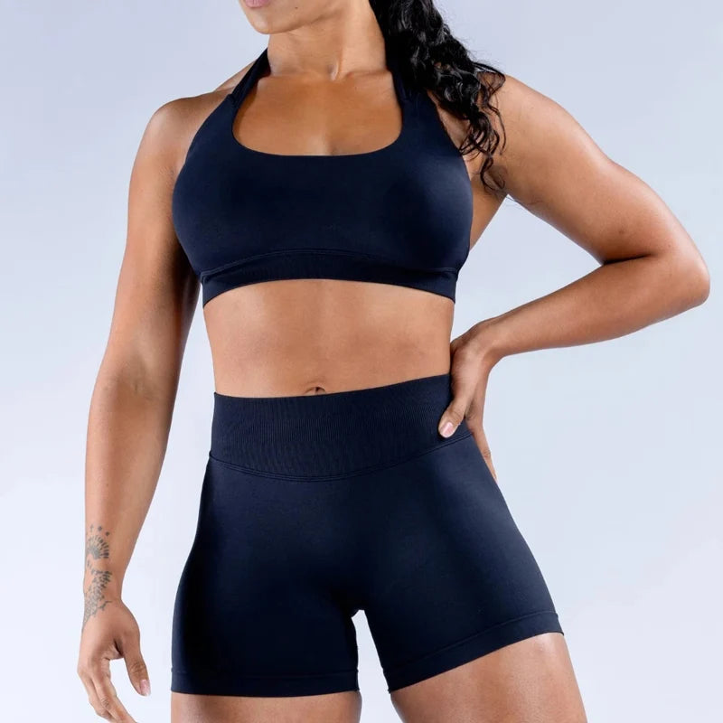 Shorts Set 2 Pieces Seamless Yoga Set Workout Tracksuit Women Halter Sport Bra And Low Waist Scrunch Bum Gym Shorts Suits