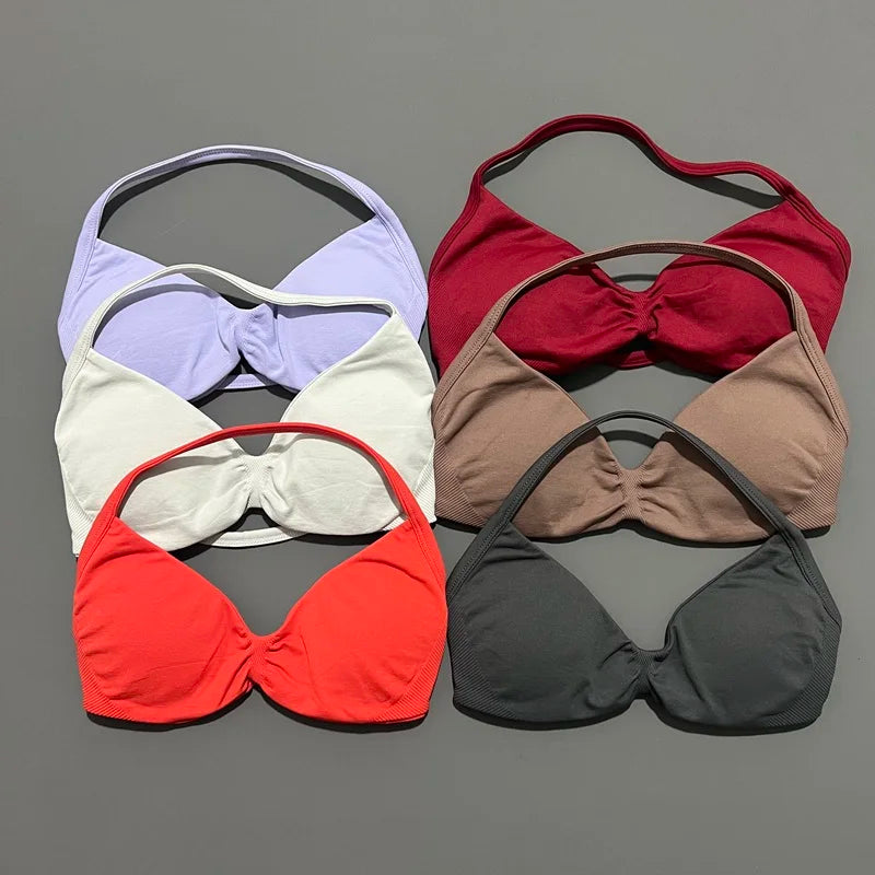 Impact Strappy Bra Seamless Women's Sports Bra for Yoga Gym Running Breathable High Stretch Backless Design Workout Top