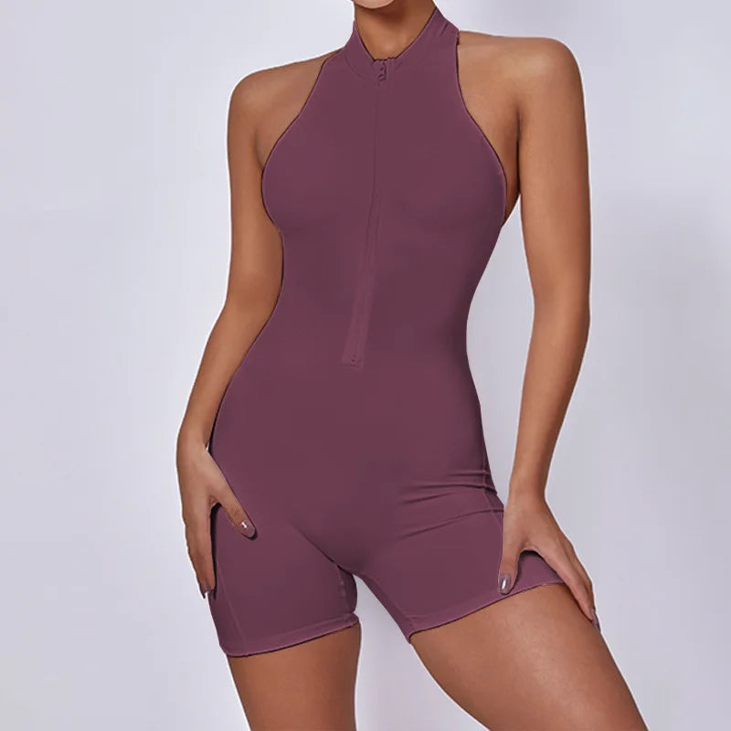New V Cut Zip Up Rompers Scrunch Butt Yoga Sets Racerback Jumpsuit for Women Fitness Gym Clothing Workout Open Back Sports Suit